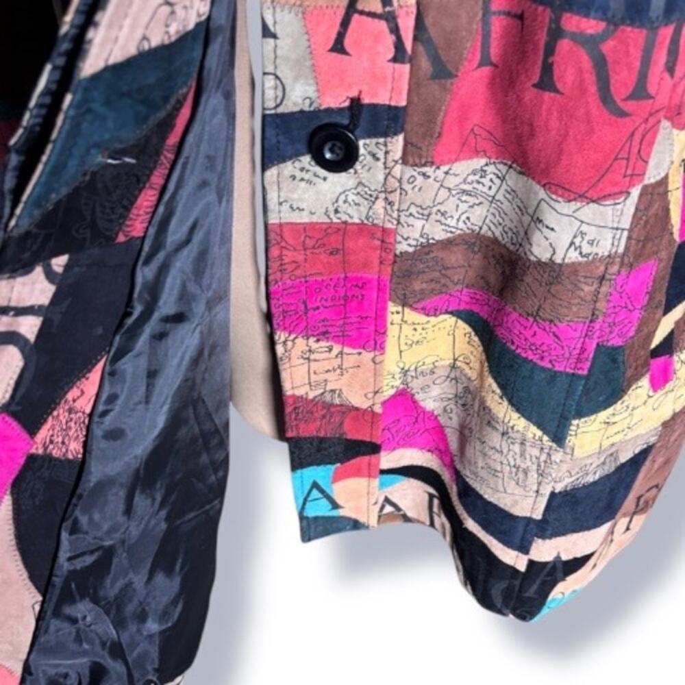 Vintage African Star Suede Leather Coat Map Print Oversized Long Jacket Boho - Picture 3 of 14